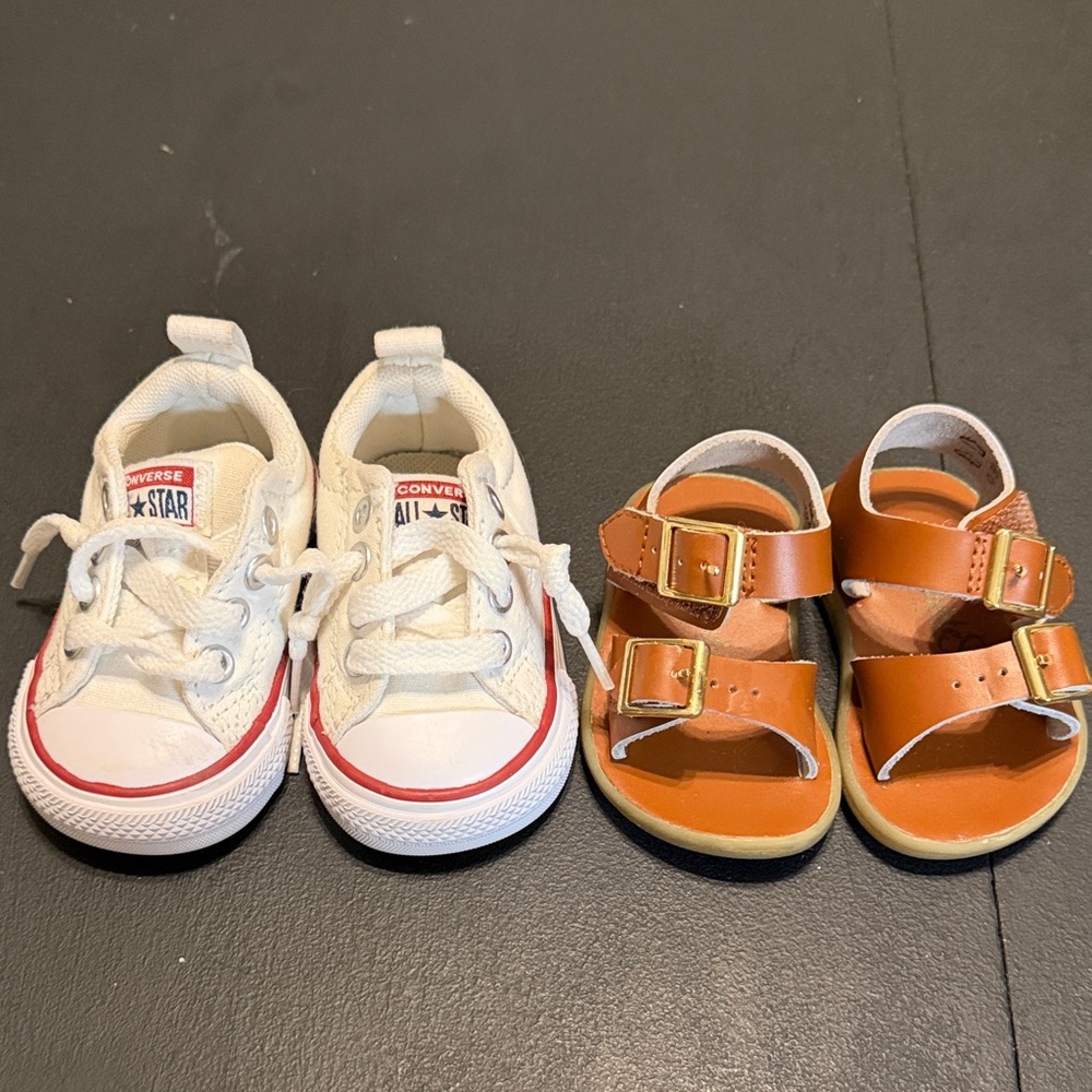 FootMates brown sandal and White Converse Sneakers with Red Trim
